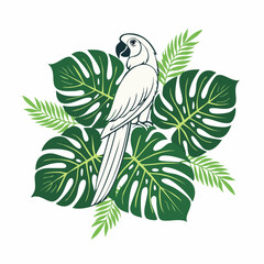 Stylized white parrot sitting among green monstera leaves and palm fronds in a botanical composition on a clean white background