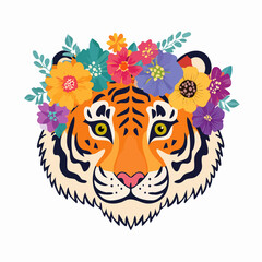 A beautiful illustration of a tiger's head wearing a vibrant floral crown. This stylish and cute wild cat graphic is perfect for bohemian designs
