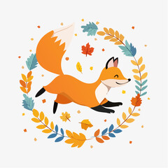 Joyful Fox in Autumn Wreath Illustration