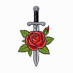 Elegant Tattoo Design Rose Entwined with a Sharp Dagger - Symbolic Illustration