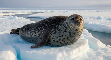 Spotted Seal Resting on Ice Floe in the Arctic Ocean.
