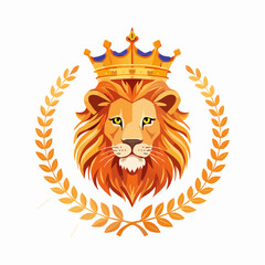 Illustration of a majestic lion king wearing a royal crown, encircled by a triumphant golden laurel wreath. A symbol of strength, victory, and leadership