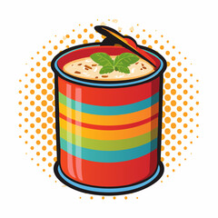 Vibrant cartoon drawing of a striped, open tin can of creamy soup with a leafy garnish, set against a retro halftone background, symbolizing ready-to-eat meals