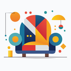 Vibrant and colorful geometric armchair illustration, a modern abstract concept for home interior decoration and comfortable living