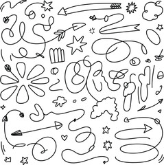 Hand-drawn doodle arrows stars flowers abstract shapes and lines collection for design