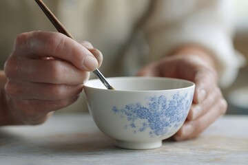 Closeup of a skilled artisan meticulously handpainting delicate blue floral patterns onto a pristine white ceramic bowl with a finetipped brush in a bright studio