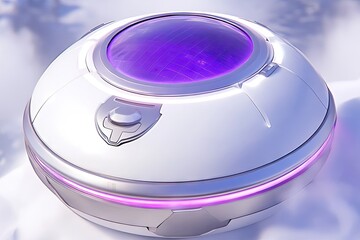A futuristic, white orb device with a purple-tinted dome