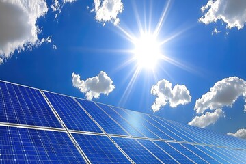 Solar panels under a bright blue sky with puffy clouds and a radiant sun