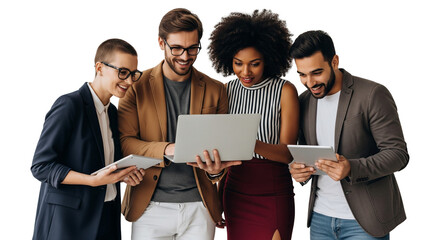 Diverse Startup Team Collaboration: Four Happy Multiracial Colleagues Working Together on Laptop and Tablets, Isolated on White Background