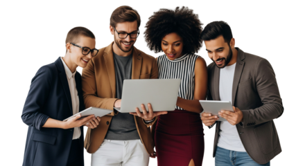 Diverse Startup Team Collaboration: Four Happy Multiracial Colleagues Working Together on Laptop and Tablets, Isolated on White Background