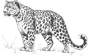 Hand Drawn Dark Pencil Leopard Illustration | Full Body Big Cat Sketch on White Background for Nature Posters and Artistic Decor