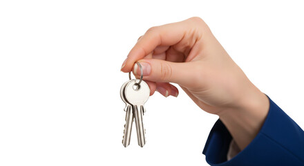 Real Estate and New Home Ownership Concept: Hand Holding House Keys, Isolated on White Background with Copy Space