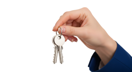 Real Estate and New Home Ownership Concept: Hand Holding House Keys, Isolated on White Background with Copy Space