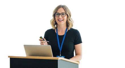 Confident Female Speaker Giving Presentation: Woman Presenting from Podium with Laptop, Isolated on White Background