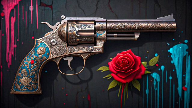 Decorative revolver with rose on dark background