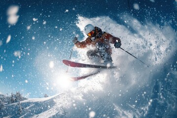 Naklejka premium A skier is jumping down the mountain.