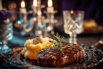 A steak with mashed potatoes plated on royal dishes.
