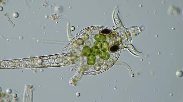Microscopic volvox algae colony floats in pond water, showcasing intricate structure and green chloroplasts under brightfield microscopy, revealing nature's beauty.