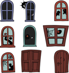 Cartoon illustrations of various windows and doors, with spooky creatures peeking through.
