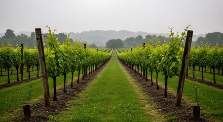 Fototapeta premium Vineyard Vista - Rows of Vines Stretching into the Distance.