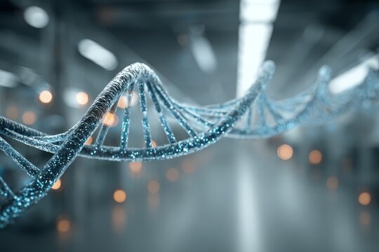A futuristic glowing DNA double helix structure in a sterile scientific environment. - Powered by Adobe