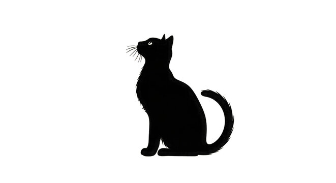 Silhouette of a sitting cat with outline on black background isolated on a transparent background