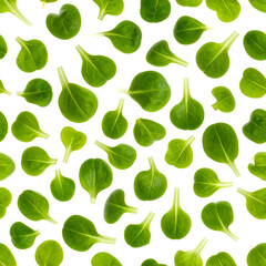 Overhead, scattered leafy greens on a black background, creating a natural pattern