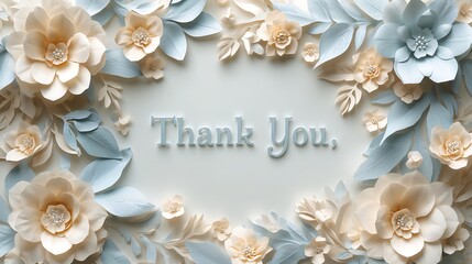 Elegant papercut design with soft blue and cream flowers featuring a Thank You message.