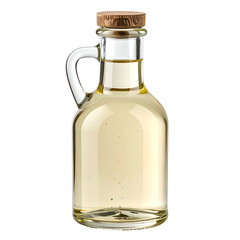 A small, glass container filled with clear liquid, closed with a cork, and a handle