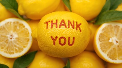 Refreshing and uplifting scene with Thank You message etched on a lemon surrounded by fresh lemons.