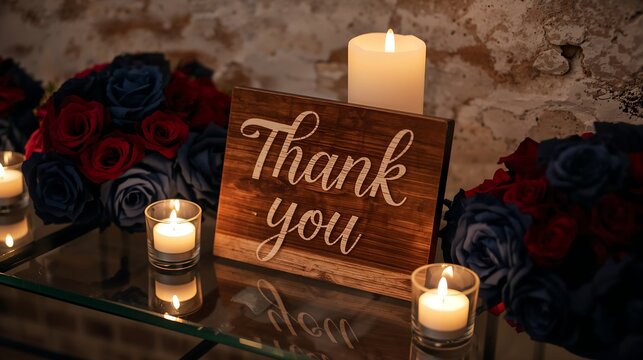 Rustic and heartfelt display featuring a Thank You sign, candles, and red and blue roses.