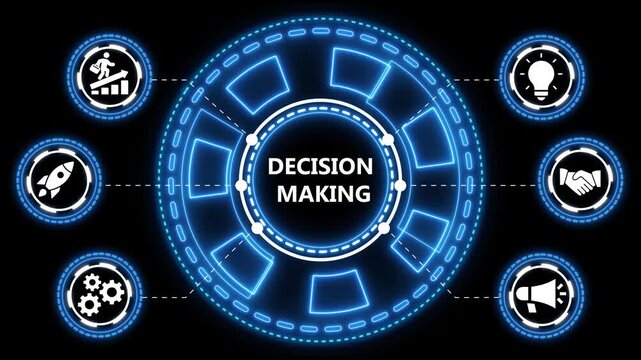 Business decision making process concept illustrative diagram with relevant icons displayed