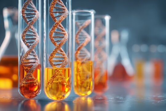 DNA helix in test tubes for advanced genetic research and biotechnology.