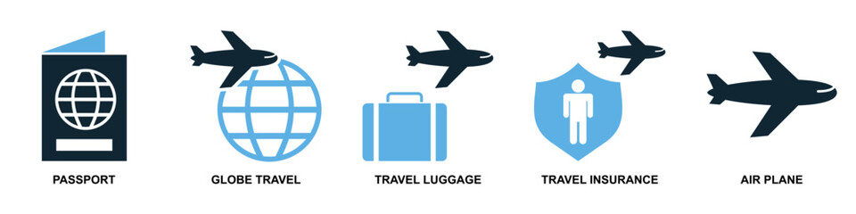 Set travel icon vector. Ideal for tourism, trip planning, and vacation themes. This graphic set is perfect for representing various travel elements for apps, websites, or brochures.