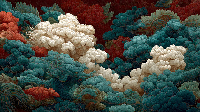 Sui-Tang Dynasties: Three Teachings Fusion - Buddhism: Eight Dharma Protectors, Energy Forms, Cosmic Order, Crimson Background