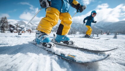 A young boy learning to ski.