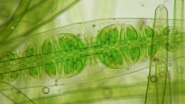 Spirogyra algae filaments showing spiral chloroplasts under microscope revealing intricate details of freshwater green algae, showcasing nature's beauty.
