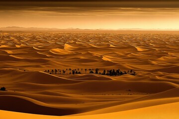 Vast desert landscape, golden dunes, clusters of palm trees