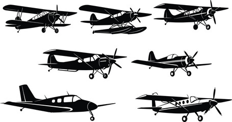 Small aircraft silhouette set, biplane, floatplane, single-engine airplane icons, black vector graphic, aviation design, isolated flight illustration