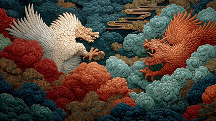 Sui-Tang Dynasties: Three Teachings Fusion - Buddhism: Eight Dharma Protectors, Energy Forms, Cosmic Order, Crimson Background