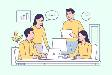 Flat vector illustration of a group of office employees having a discussion and working together at a desk with laptops and documents.