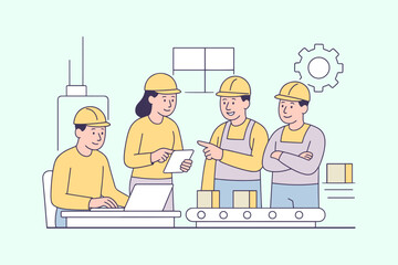 Flat vector illustration of factory workers and engineers discussing production at a conveyor line.