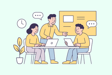 Flat vector illustration of a group of office employees having a discussion and working together at a desk with laptops and documents.
