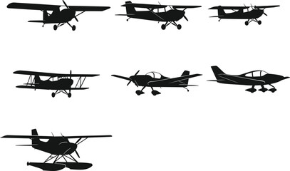 Small aircraft silhouette set, high-wing, low-wing, biplane, floatplane vector icons, black aviation graphic, isolated flight design collection © Fahim Creative