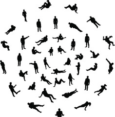 MobileHuman silhouette circle, dynamic poses, black vector people, movement study, posture variety, front view, minimal design, anatomy reference, concept ar