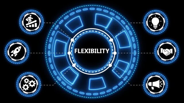 Animated digital illustration of flexibility concept and business strategy icons.