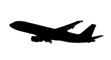 White outline of an airplane in flight on a black background isolated on a transparent background