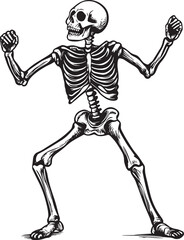 Fototapeta premium A skeletal figure in a dynamic pose, with arms raised and legs apart, vector illustration