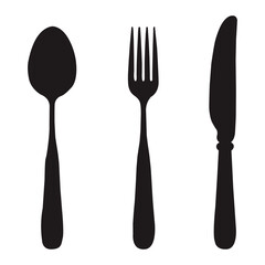 Spoon fork and knife silhouette isolated on white background. Vector illustration of kitchen utensils, cutlery set, dining and food service design concept