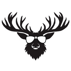 Deer head with antlers wearing sunglasses silhouette isolated on white background. Vector illustration for hipster, wildlife, logo, fashion and modern design concept